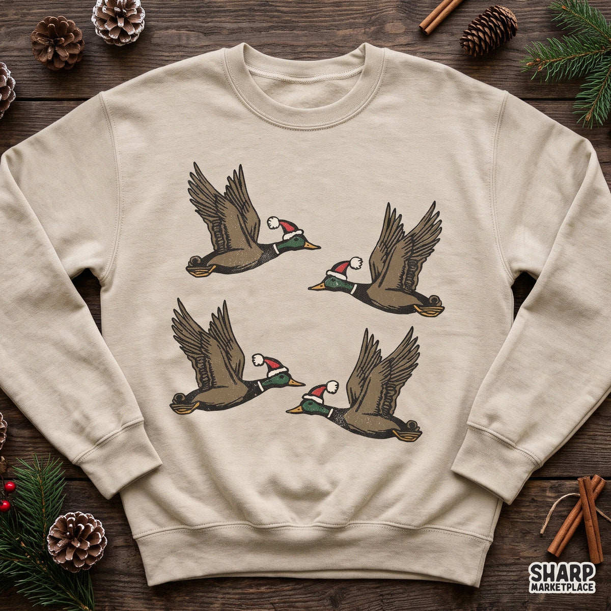 Flying mallard ducks wearing Santa hats festive holiday hunter Christmas PNG sublimation design for shirts and apparel