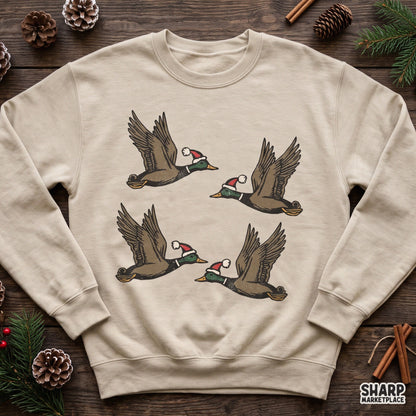 Flying mallard ducks wearing Santa hats festive holiday hunter Christmas PNG sublimation design for shirts and apparel