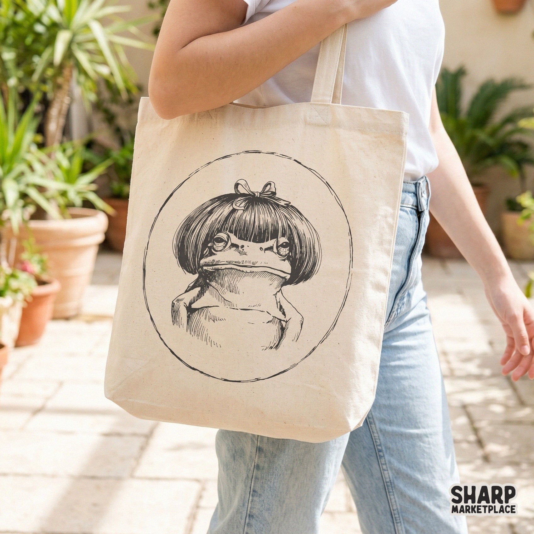Trendy coquette bow toad with a bob haircut PNG for humorous weirdcore animal meme apparel and funny shirt designs