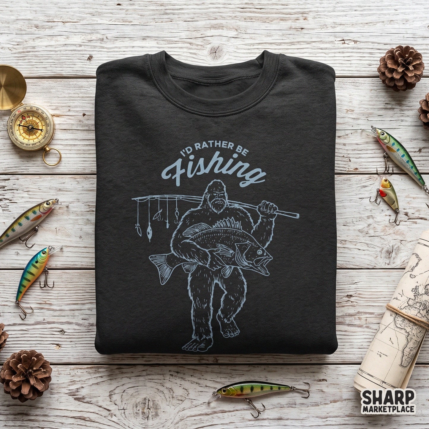 Funny Bigfoot Sasquatch fishing PNG for retro lake life apparel and camping themed Fathers Day gifts for fisherman dads