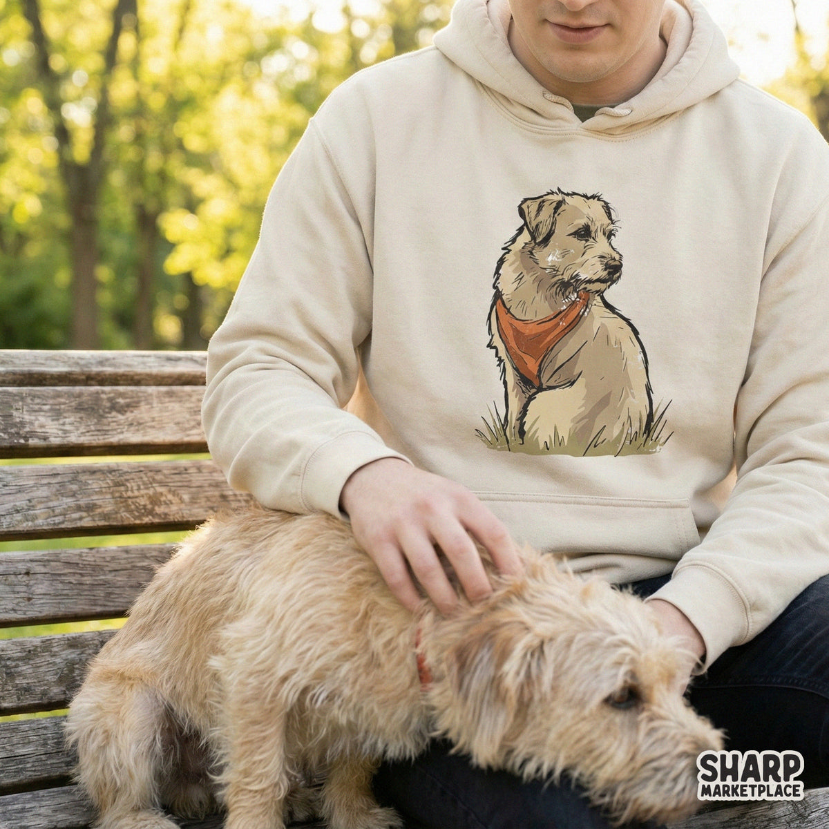 Scruffy terrier dog design in a vintage illustration style, featuring bold outlines and an orange bandana, ideal for DIY sublimation and print projects.