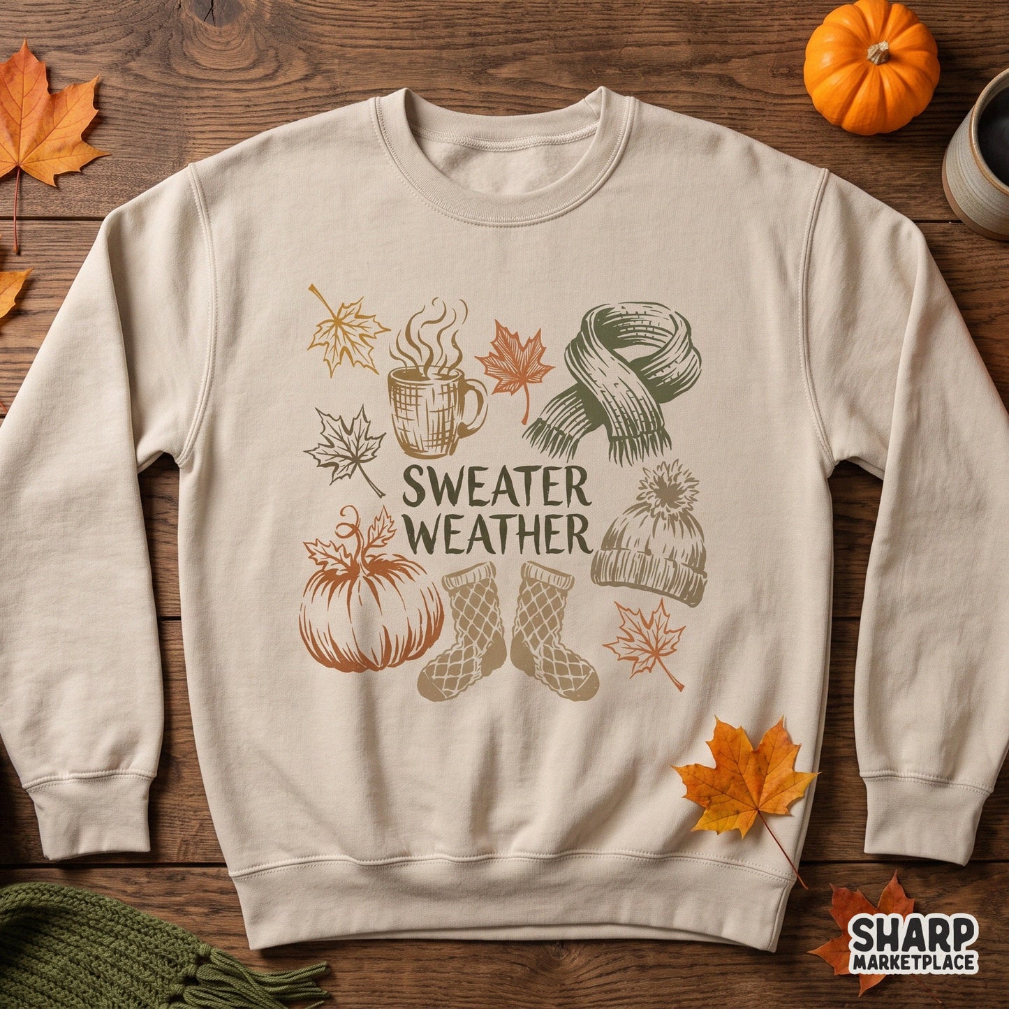 Retro fall graphic tee design featuring a cozy season sweater weather theme for autumn pumpkin coffee sublimation projects