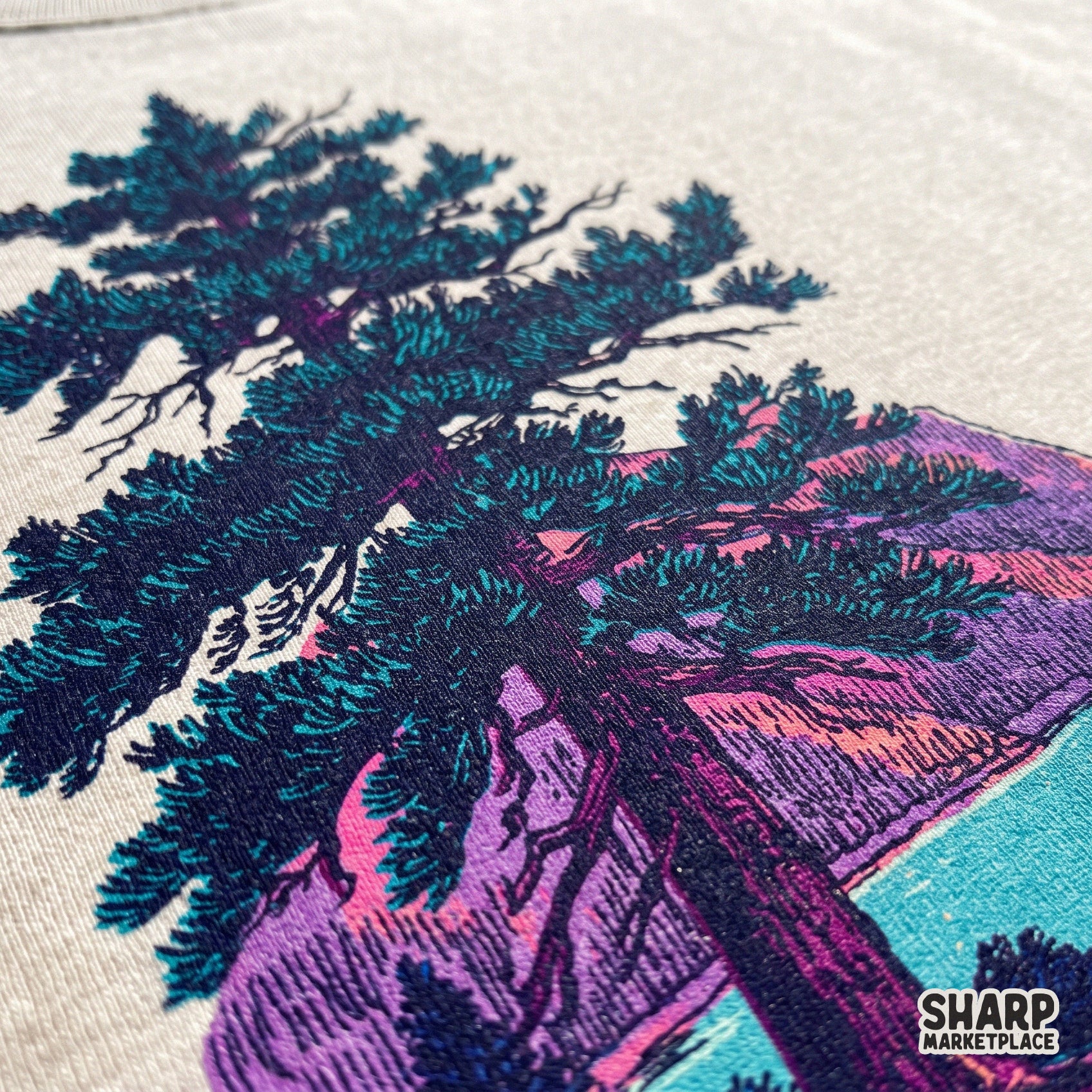 Watercolor teal and purple sketched pine tree by a river mountain landscape sublimation design for camping shirt png