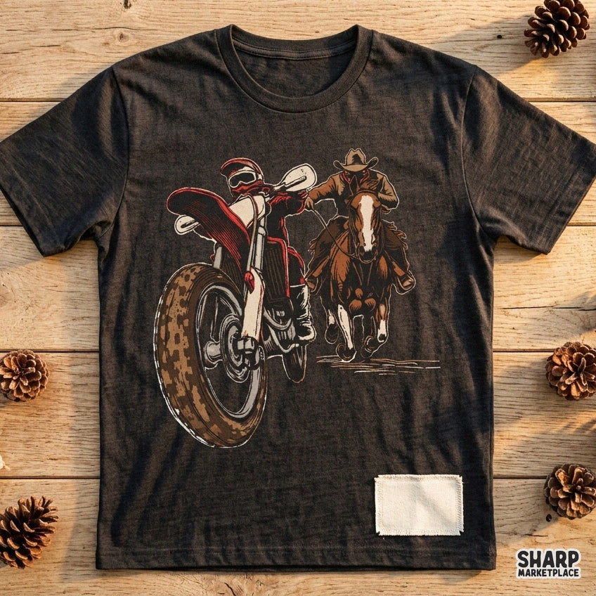 Retro western PNG design featuring a cowboy on a horse racing a motocross dirt bike rider for shirt printing