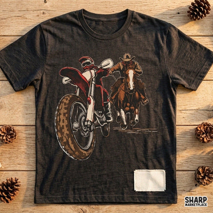 Retro western PNG design featuring a cowboy on a horse racing a motocross dirt bike rider for shirt printing