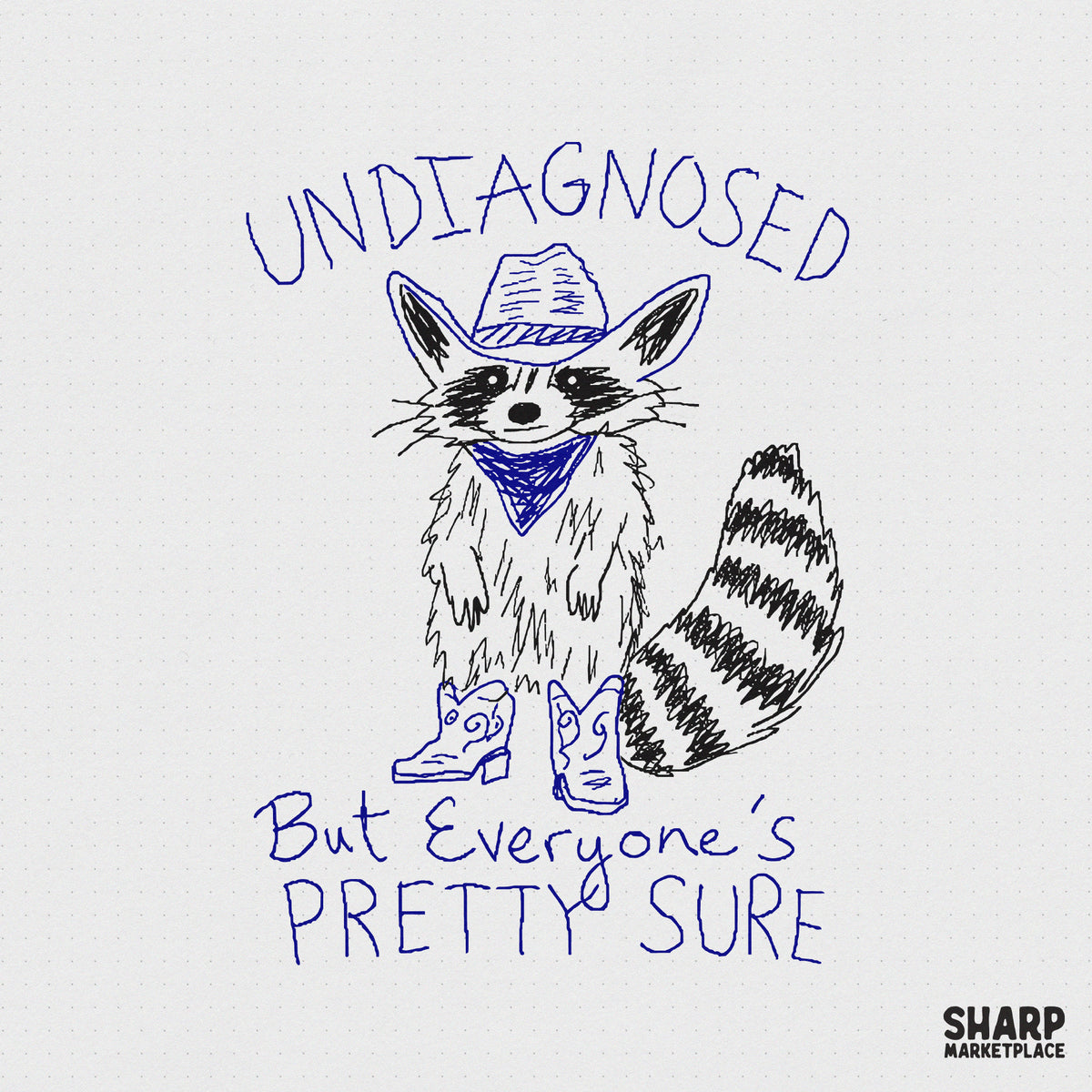 Hand-drawn sketch of a raccoon wearing a cowboy hat, blue bandana, and patterned boots with the text Undiagnosed But Everyone's Pretty Sure in blue.