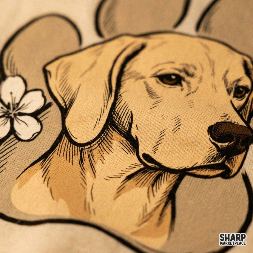 Yellow Lab face over a floral paw print design perfect for spring dog mom sublimation and apparel