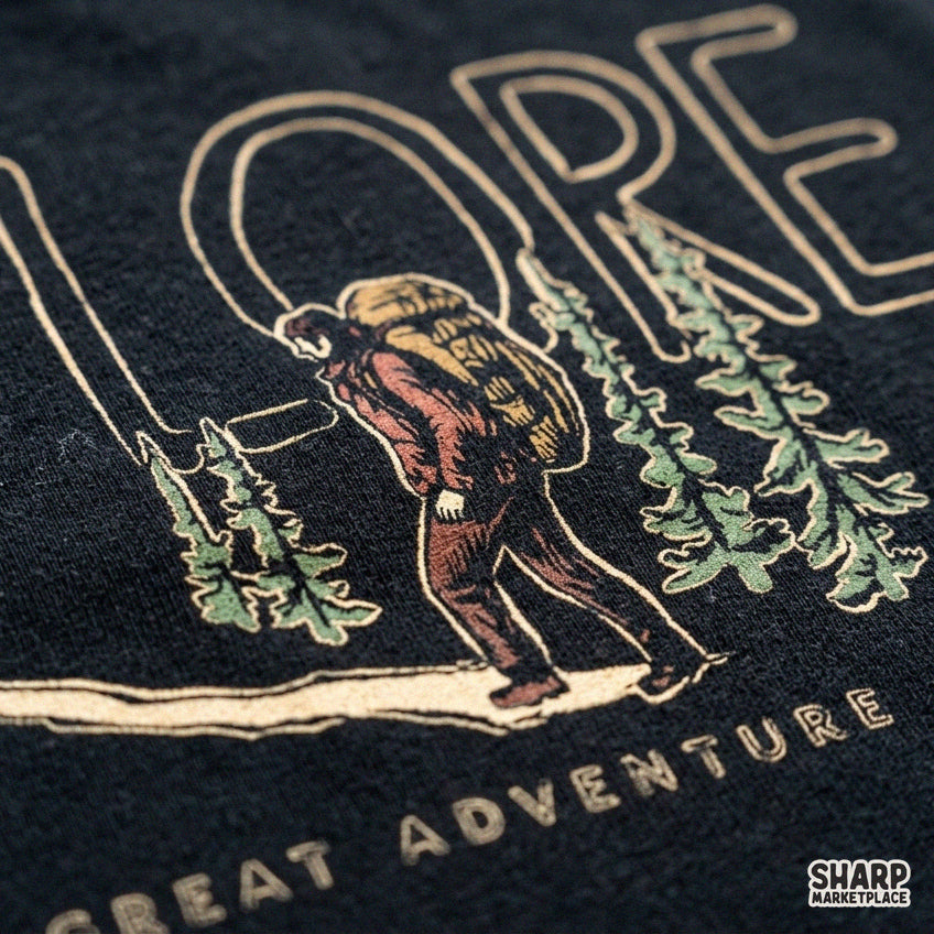 Retro fall camping PNG graphic featuring pine trees and hiker trail for vintage outdoor t-shirt designs