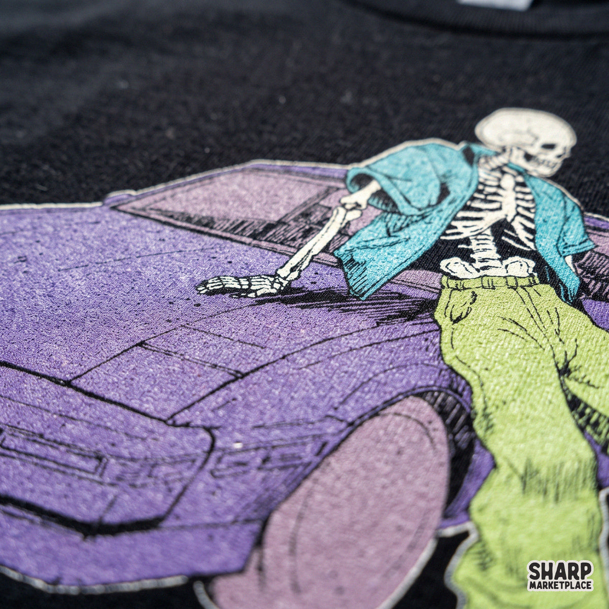 Cool Streetwear Skeleton Leaning On Purple Sports Car