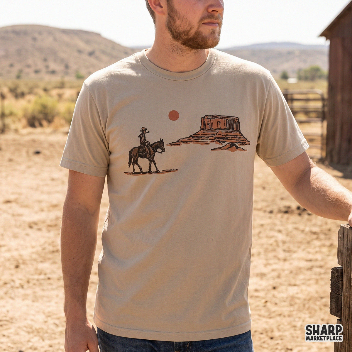 Vintage cowboy riding a horse in a desert landscape wild west graphic design for country music t-shirts and apparel