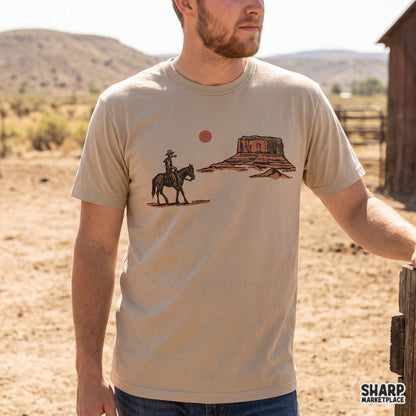 Vintage cowboy riding a horse in a desert landscape wild west graphic design for country music t-shirts and apparel