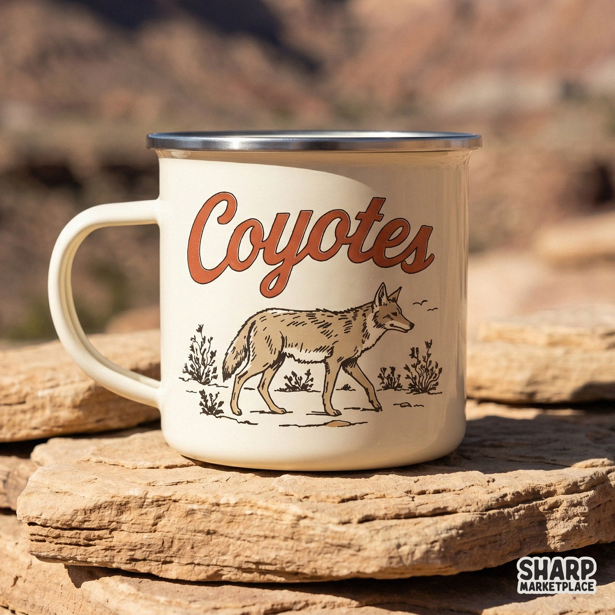 Vintage style coyote illustration with desert flora and bold orange text displayed on a rustic camping mug for a western aesthetic.