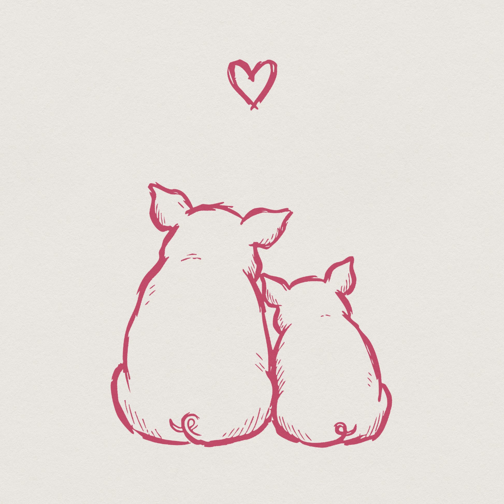 Hand-drawn pink sketch of a mother pig and piglet sitting together with a heart above, perfect for Mother's Day sublimation, shirts, or nursery decor.