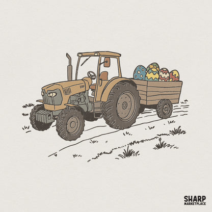 Vintage farm tractor pulling a rustic wooden trailer filled with colorful patterned Easter eggs in a hand-drawn illustration style.