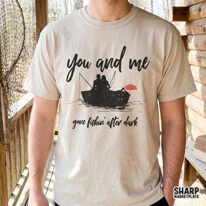 Digital sublimation design with a silhouette of a couple in a boat on a lake, featuring rustic script text for custom apparel and DIY fishing gifts.