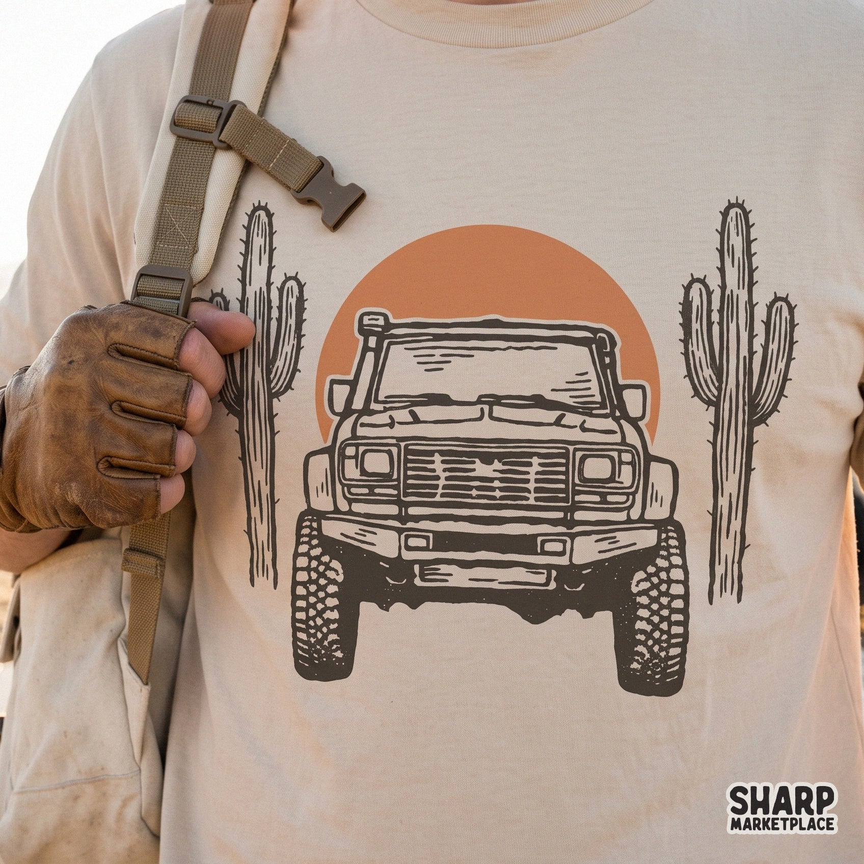 Retro desert offroad truck illustration with cacti and sun for western style t-shirts and summer apparel digital designs