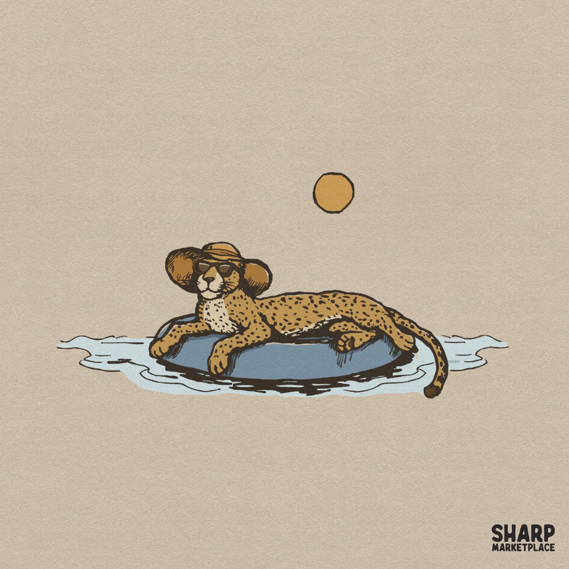 Relaxing cheetah in a bucket hat floating in a pool tube PNG for summer beach vacation and lake life sublimation designs