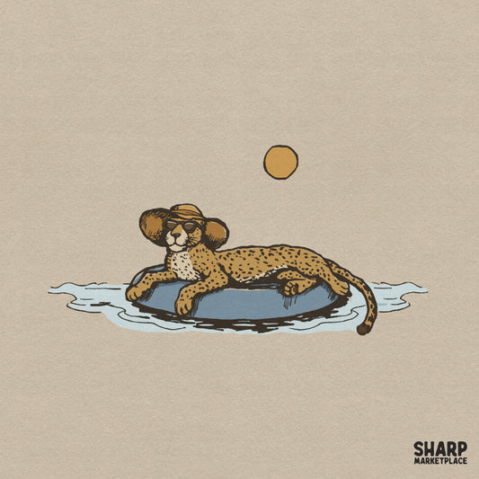 Relaxing cheetah in a bucket hat floating in a pool tube PNG for summer beach vacation and lake life sublimation designs