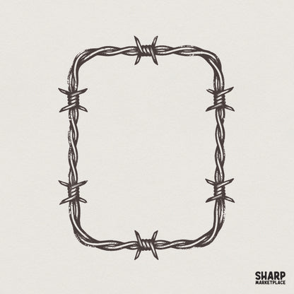 Hand-drawn rectangular barbed wire frame in a rustic, distressed black line art style for western-themed digital projects.