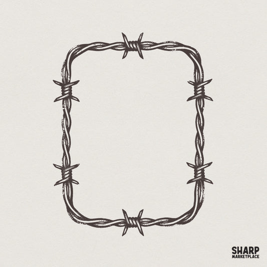 Hand-drawn rectangular barbed wire frame in a rustic, distressed black line art style for western-themed digital projects.