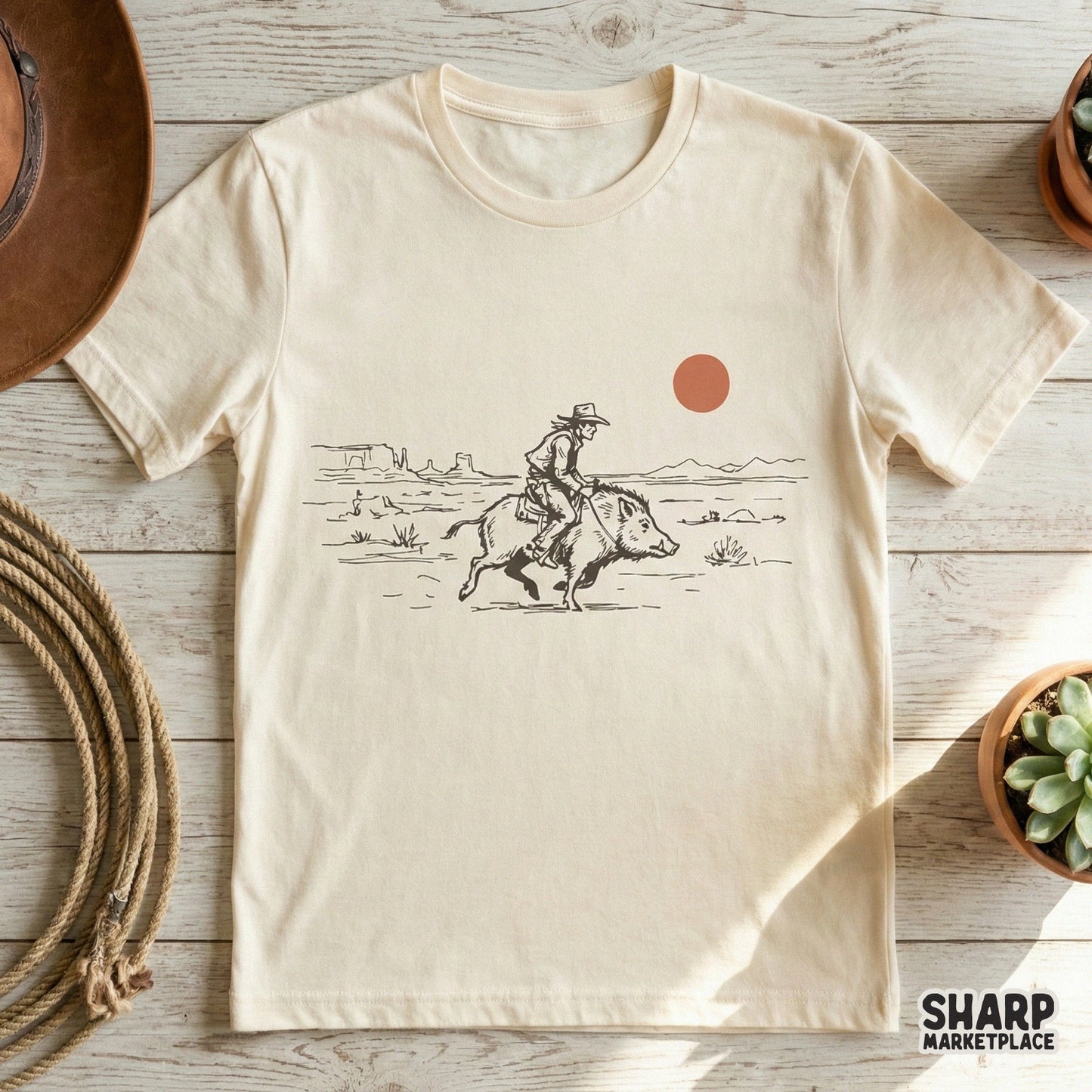 Funny Cowboy Riding Boar PNG Design, Vintage Western Desert Digital