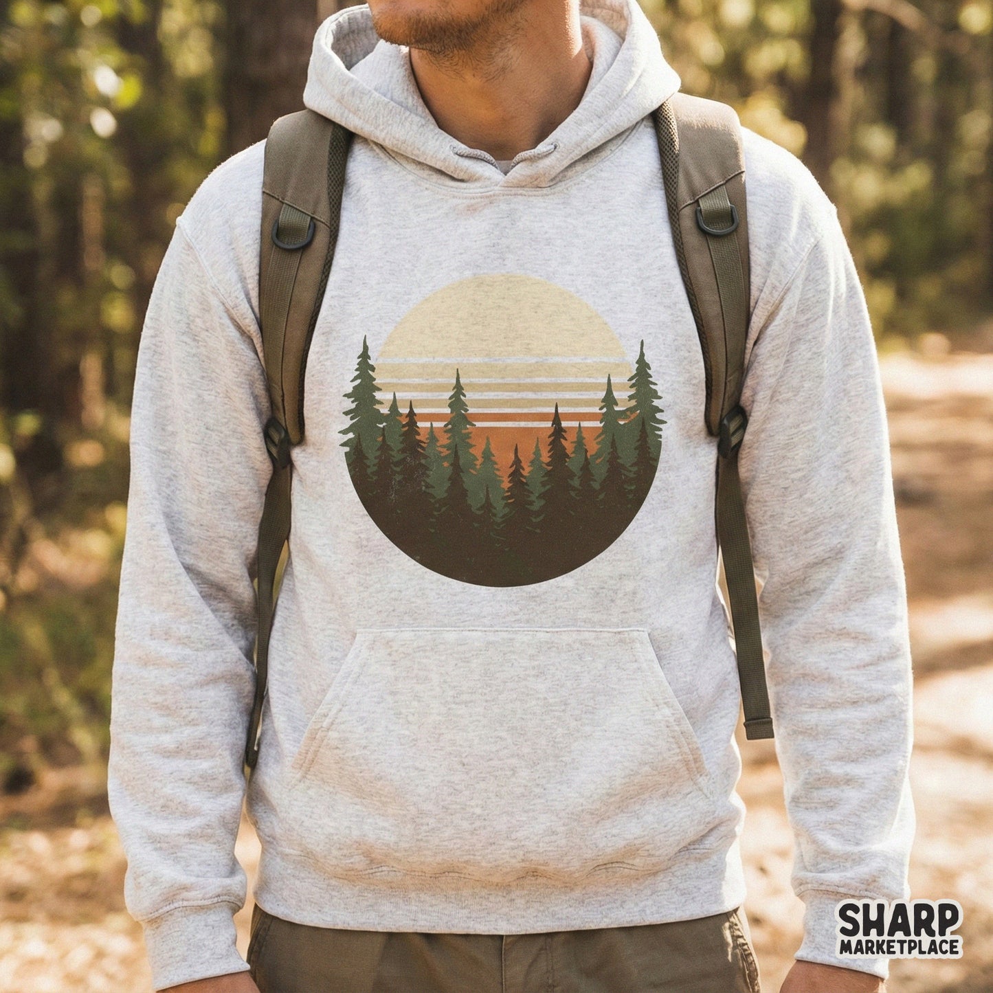 Circular wilderness art with a nostalgic vintage aesthetic, showcasing layered pine trees and sunset stripes for use on tumblers, stickers, or wall decor.
