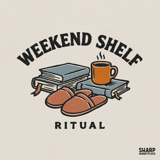 Cozy reading themed digital design featuring stacked books, a steaming orange coffee mug, and brown slippers with arched Weekend Shelf Ritual text.