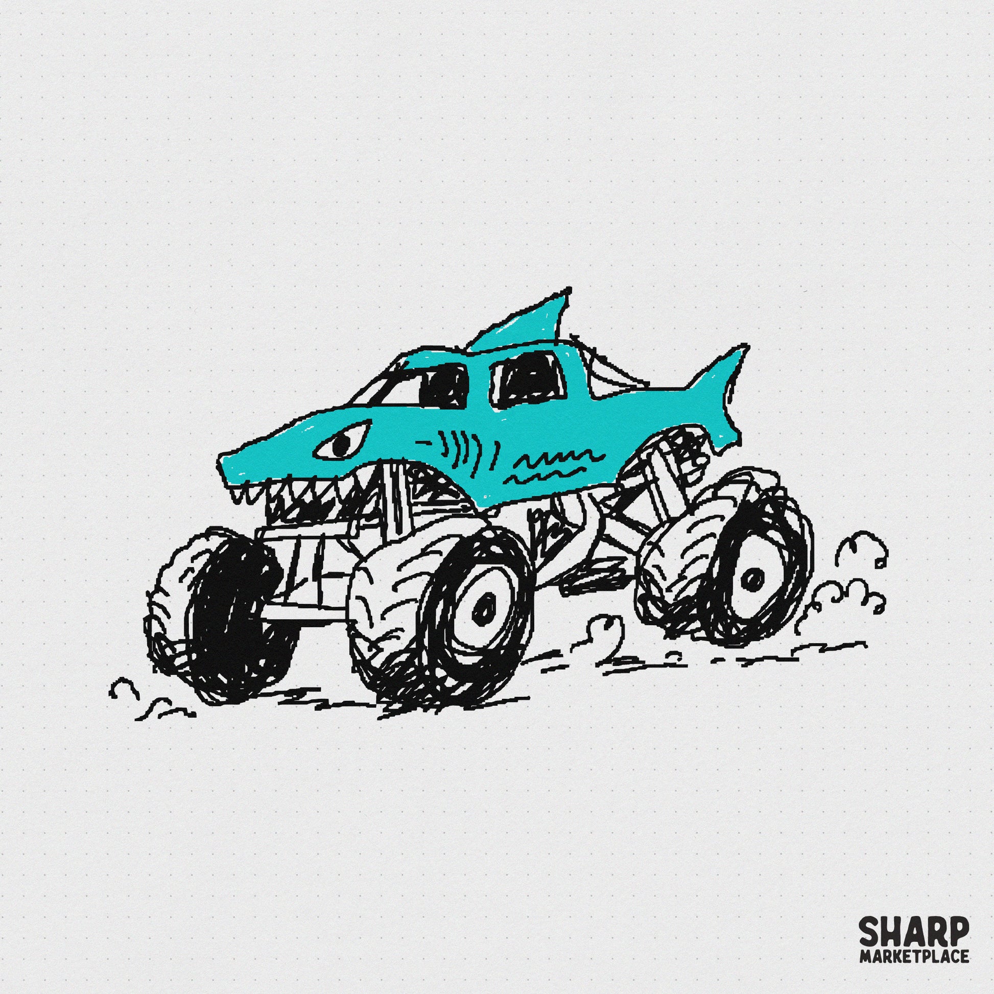 Hand-drawn doodle style shark monster truck illustration with oversized black tires and a vibrant cyan blue body for custom apparel and sublimation.