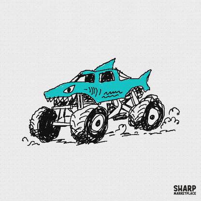 Hand-drawn doodle style shark monster truck illustration with oversized black tires and a vibrant cyan blue body for custom apparel and sublimation.