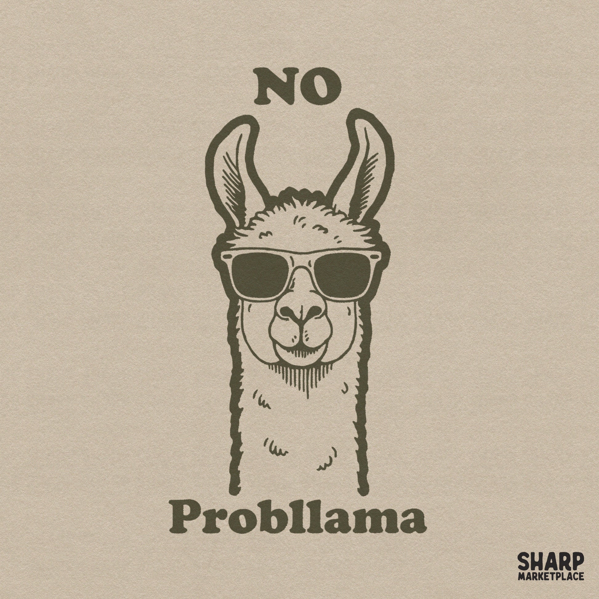 Retro llama headshot with sunglasses and NO Probllama quote for funny animal meme shirts and sublimation crafts