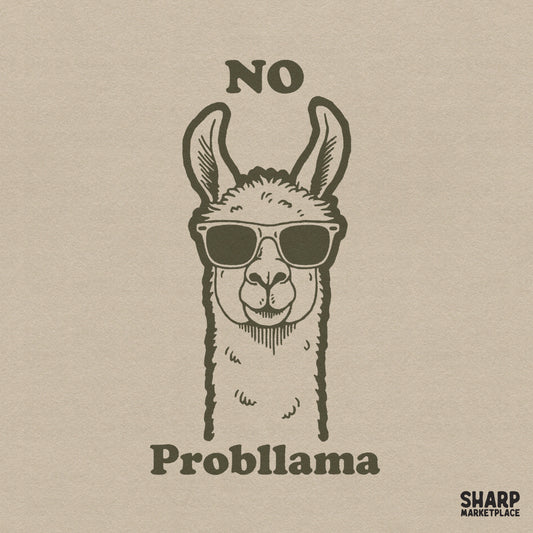 Retro llama headshot with sunglasses and NO Probllama quote for funny animal meme shirts and sublimation crafts