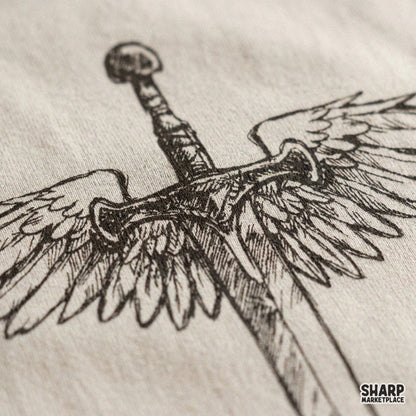Angelic winged sword fantasy sketch art for retro religious faith t-shirts and apparel designs