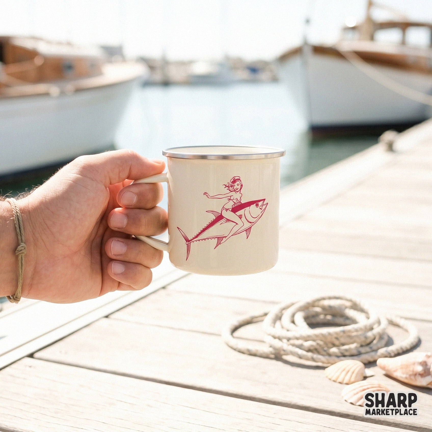 Vintage style red ink design of a pinup girl on a tuna fish, perfect for custom fishing themed t-shirts, tumblers, and coastal DIY crafts.