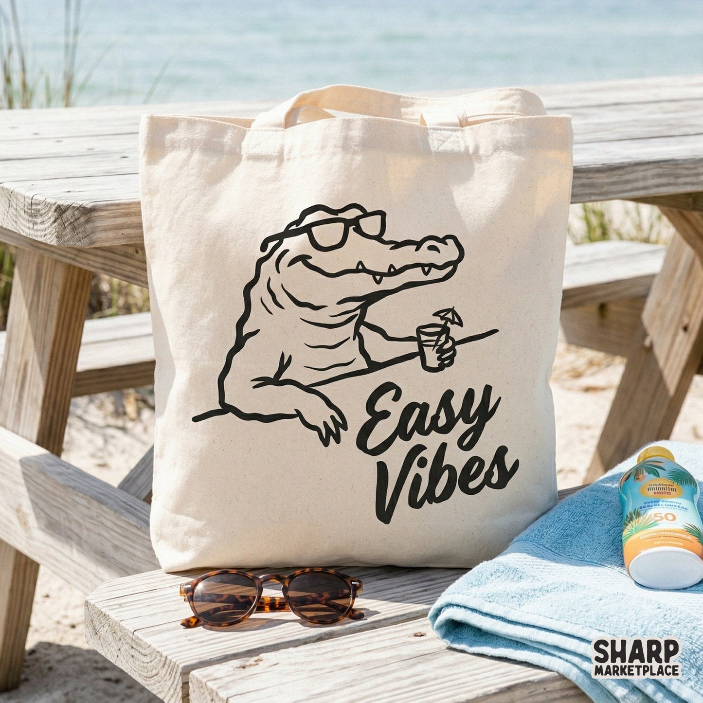 Digital download graphic of a relaxed alligator lounging with a drink and shades, perfect for summer t-shirts, beach stickers, and tropical DIY projects.
