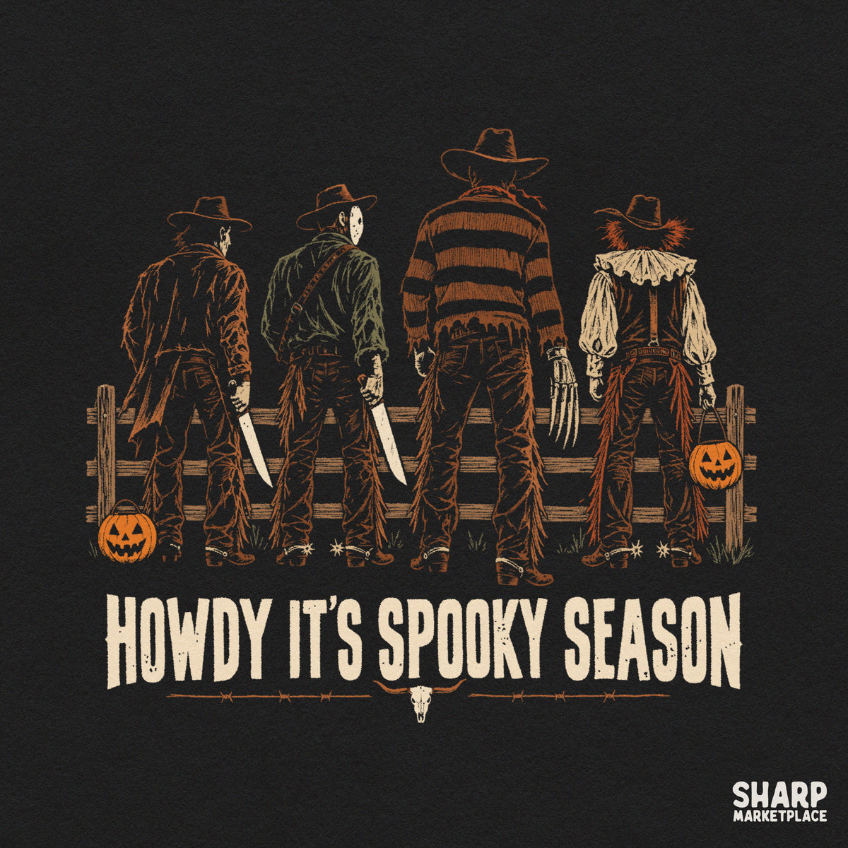 Western horror movie killers with fall pumpkins Halloween PNG design for trendy cowboy shirts and apparel