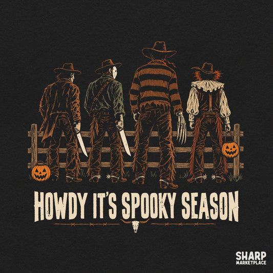 Western horror movie killers with fall pumpkins Halloween PNG design for trendy cowboy shirts and apparel