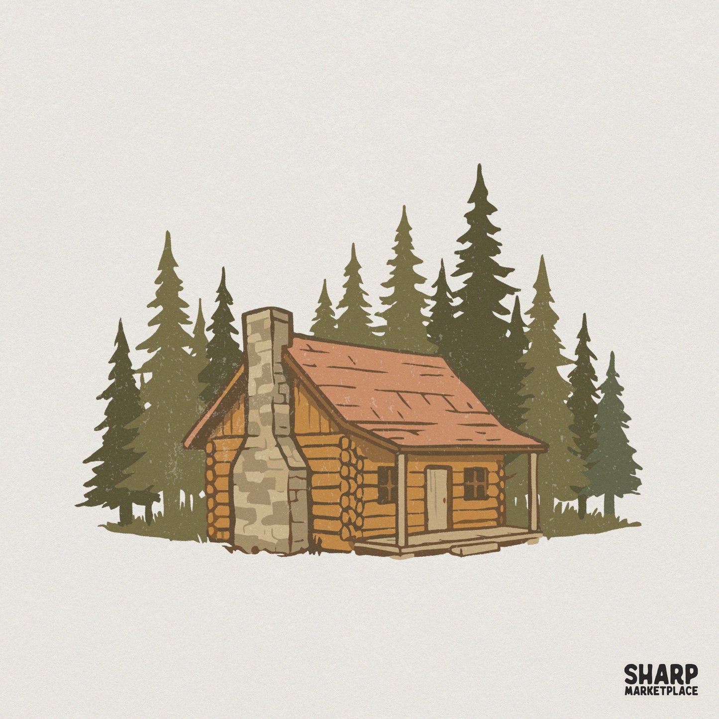 Hand-drawn rustic log cabin illustration with a stone chimney and evergreen trees in a vintage color palette for nature-themed apparel designs.