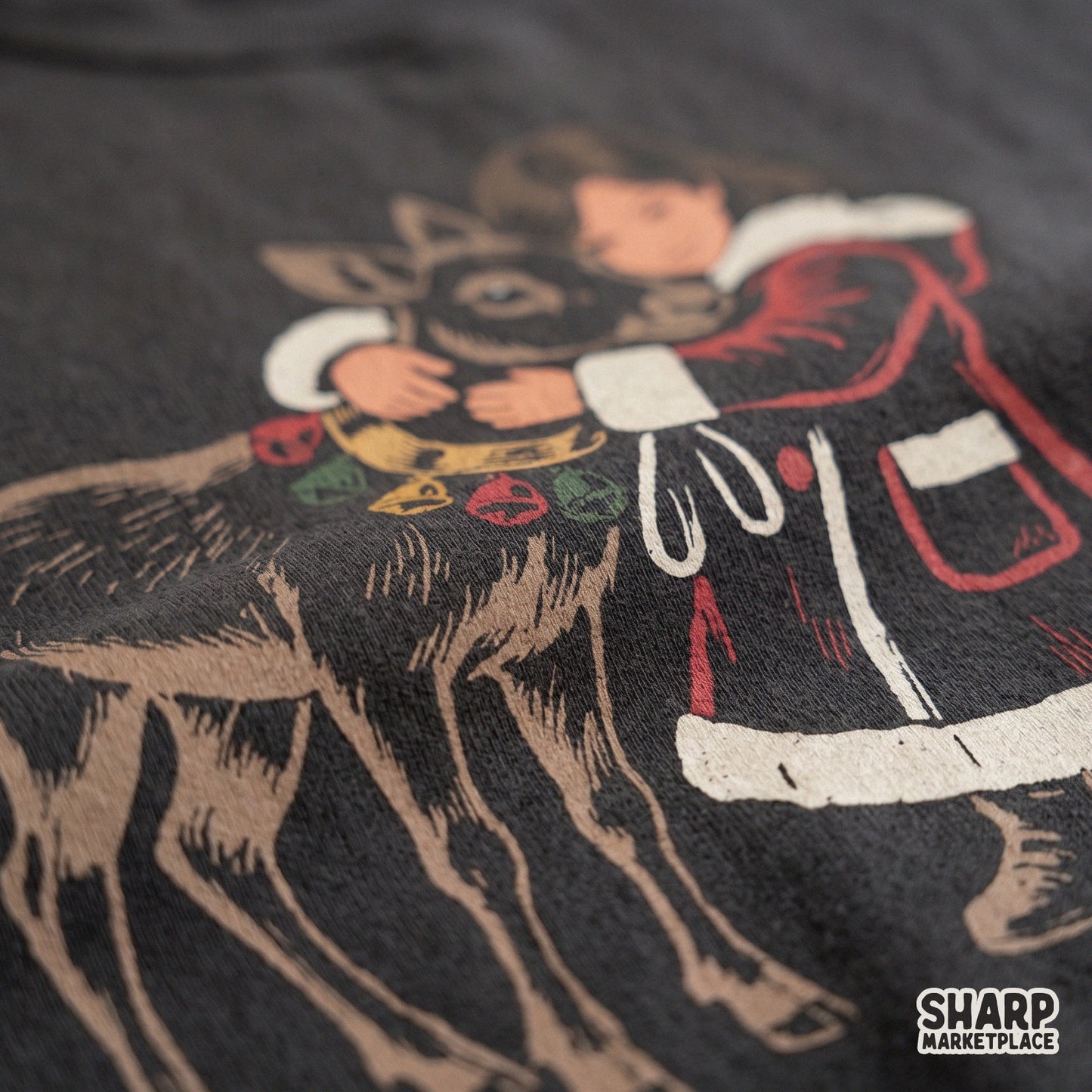 Vintage retro Christmas girl hugging a reindeer in a nostalgic winter holiday scene for t-shirt sublimation