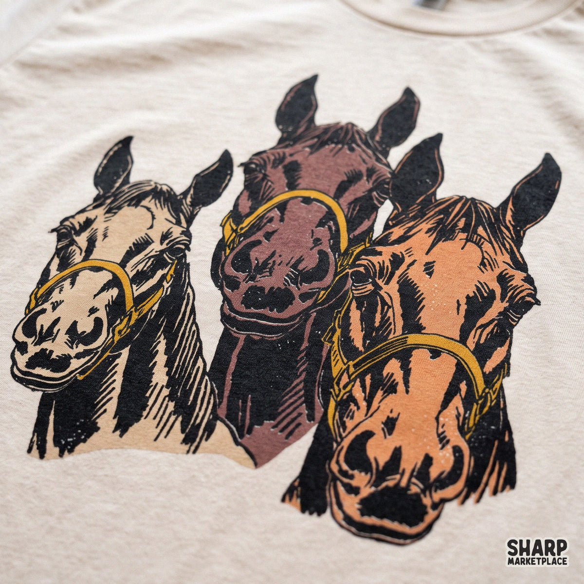 Three vintage brown horses graphic design for western country music sublimation shirts and ranch life apparel
