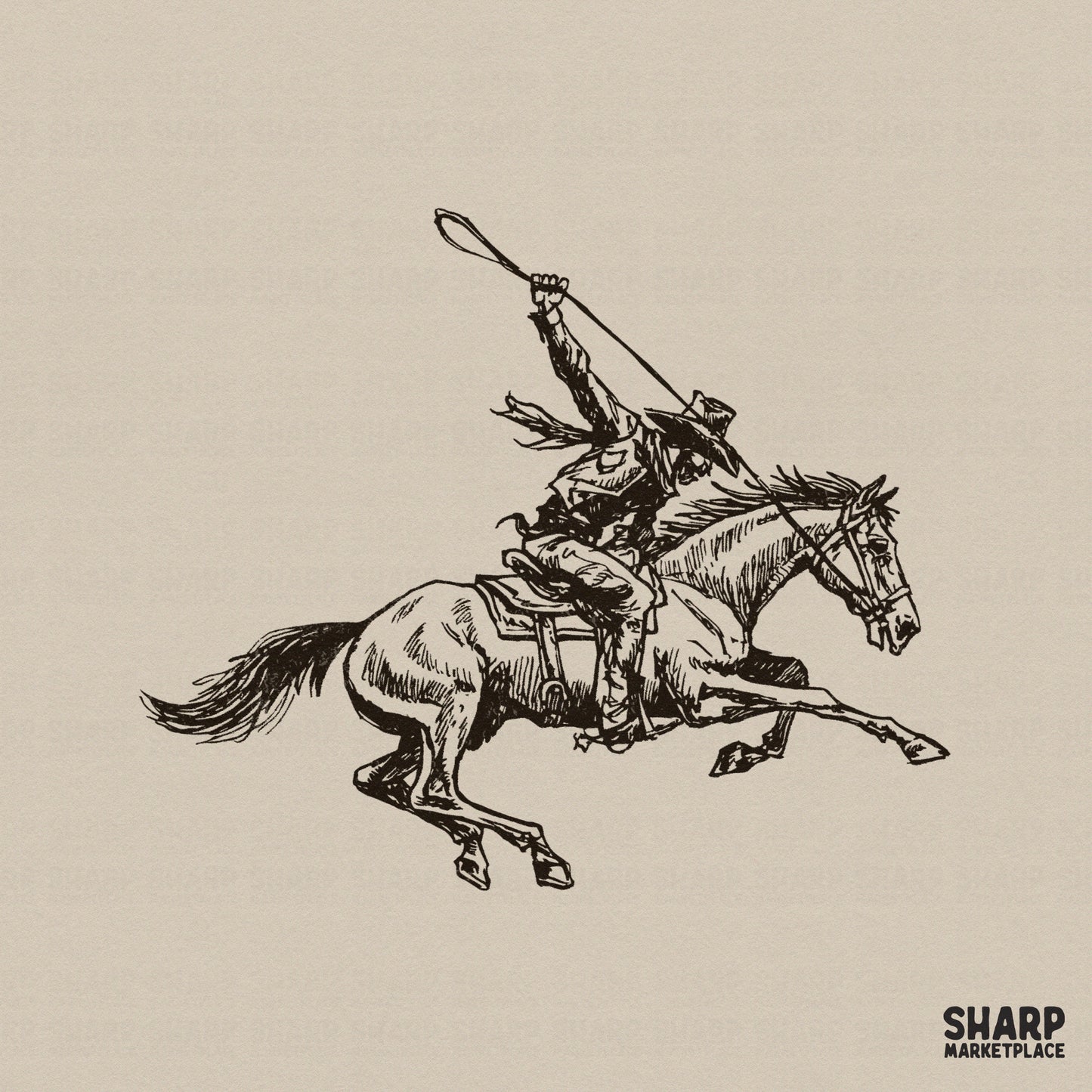 Vintage ink sketch of a cowboy on a galloping horse holding a lasso, detailed western illustration for sublimation and apparel design.