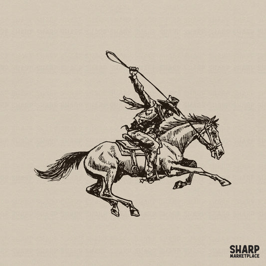 Vintage ink sketch of a cowboy on a galloping horse holding a lasso, detailed western illustration for sublimation and apparel design.