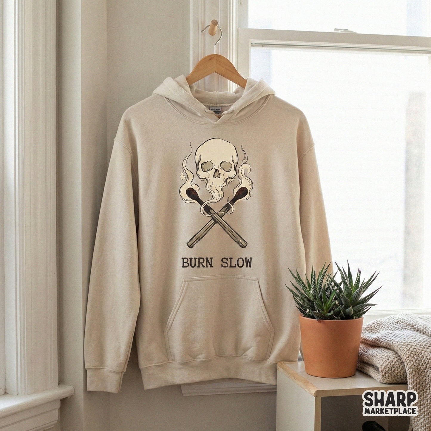 Gothic skull and smoldering matchstick illustration with retro smoke effects and bold typography, ideal for stickers, tumblers, and dark art prints.