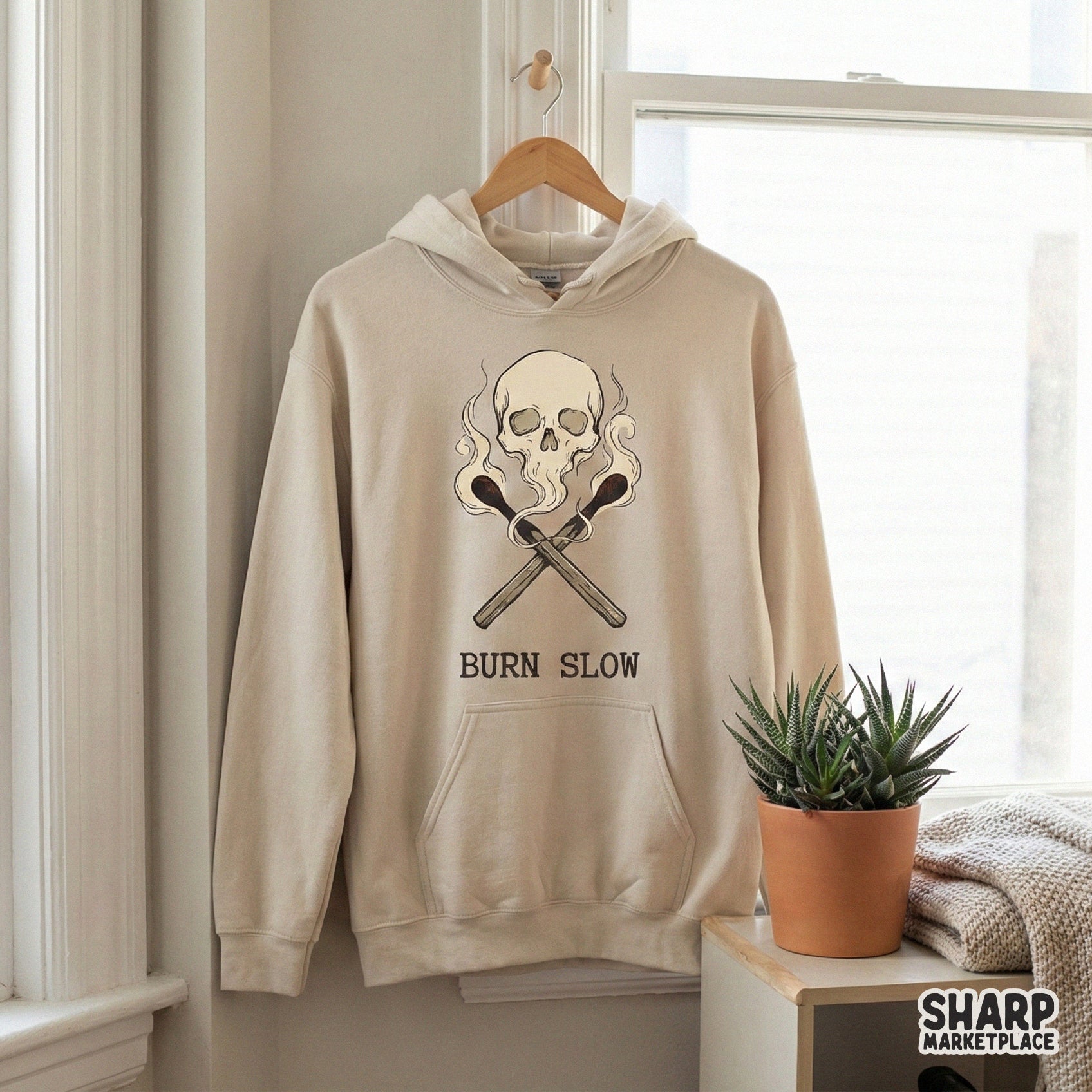 Gothic skull and smoldering matchstick illustration with retro smoke effects and bold typography, ideal for stickers, tumblers, and dark art prints.