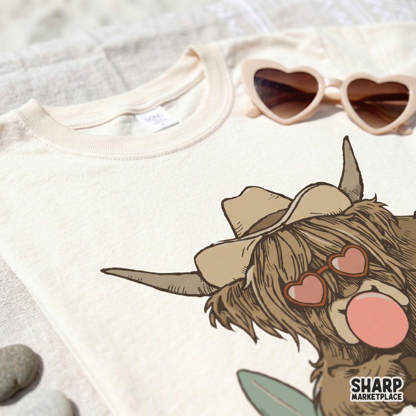 Playful highland cow artwork with bubblegum and heart shades, suitable for creating custom stickers, tumblers, and beach-themed wall art.