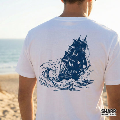 Detailed maritime drawing of a ship at sea, perfect for nautical apparel, sublimation transfers, or custom wall art prints and stickers.