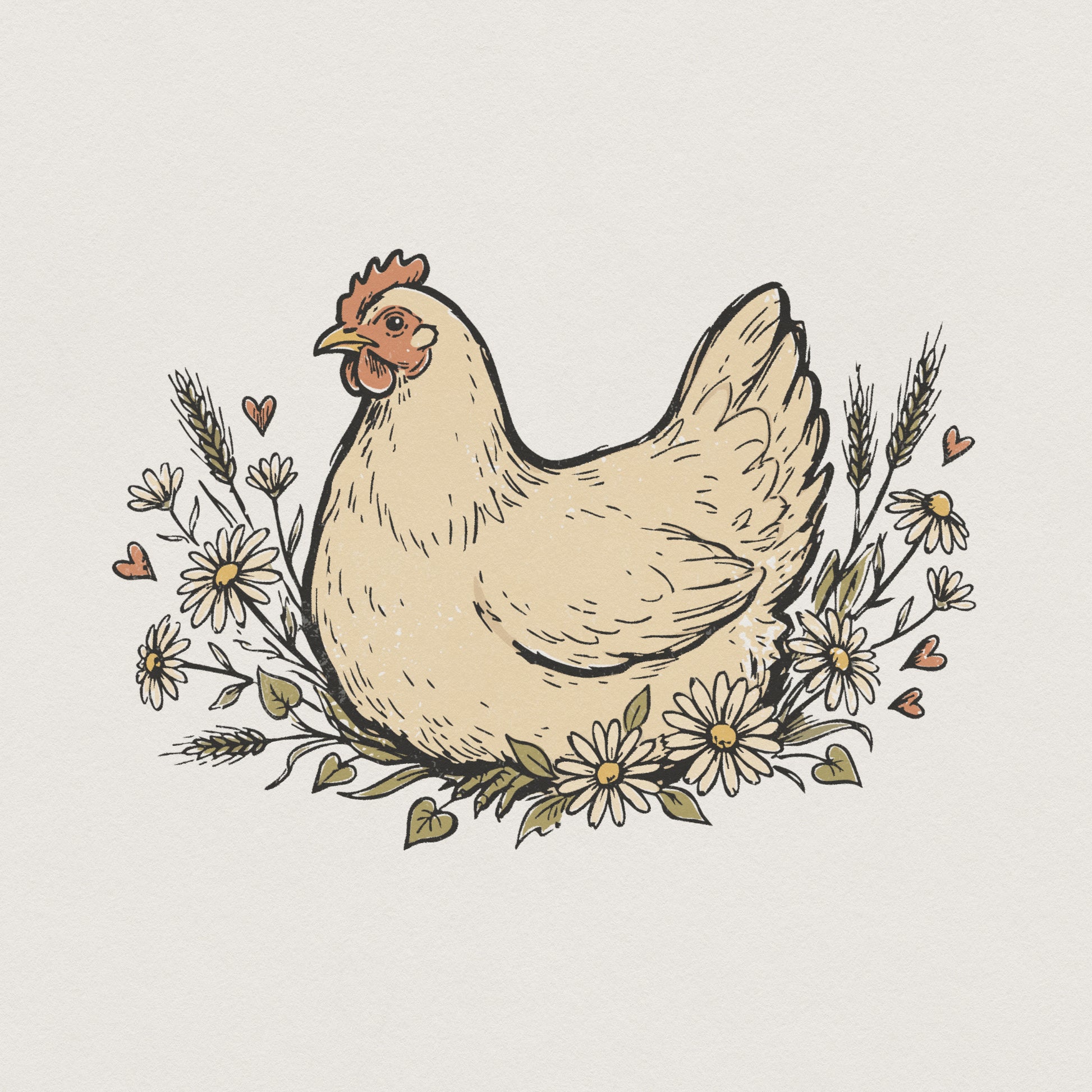Hand-drawn farmhouse chicken illustration surrounded by a rustic wreath of daisies, wheat stalks, and small hearts for sublimation and apparel.