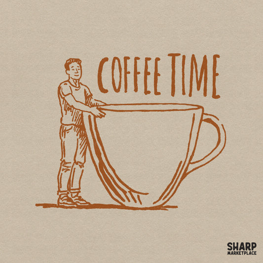 Retro hand-drawn illustration of a person hugging a giant coffee mug with the text Coffee Time in warm orange, perfect for sublimation and apparel.