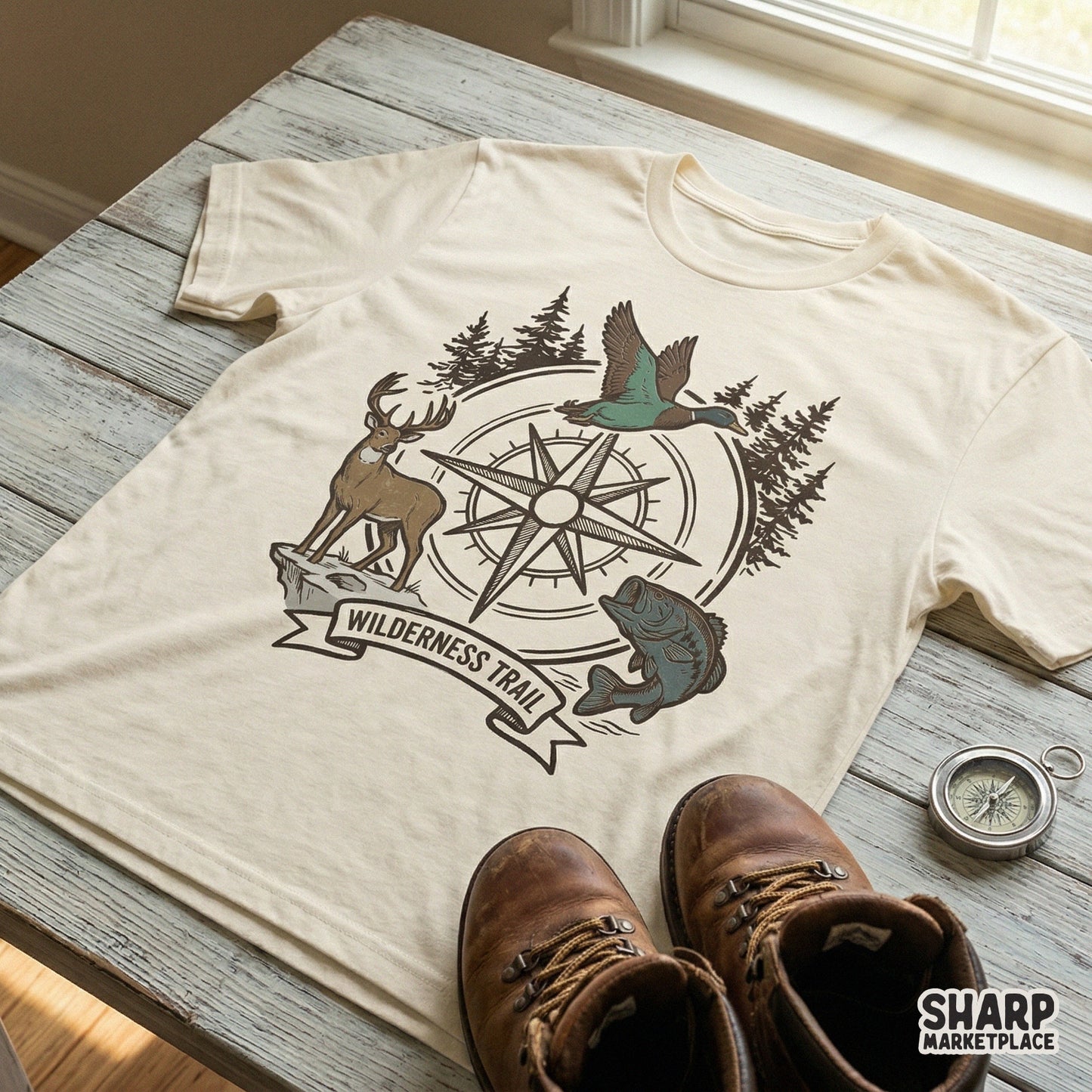 Detailed outdoor adventure illustration with a compass, pine trees, and wildlife, ideal for custom t-shirts, tumblers, and DIY hunting gifts.