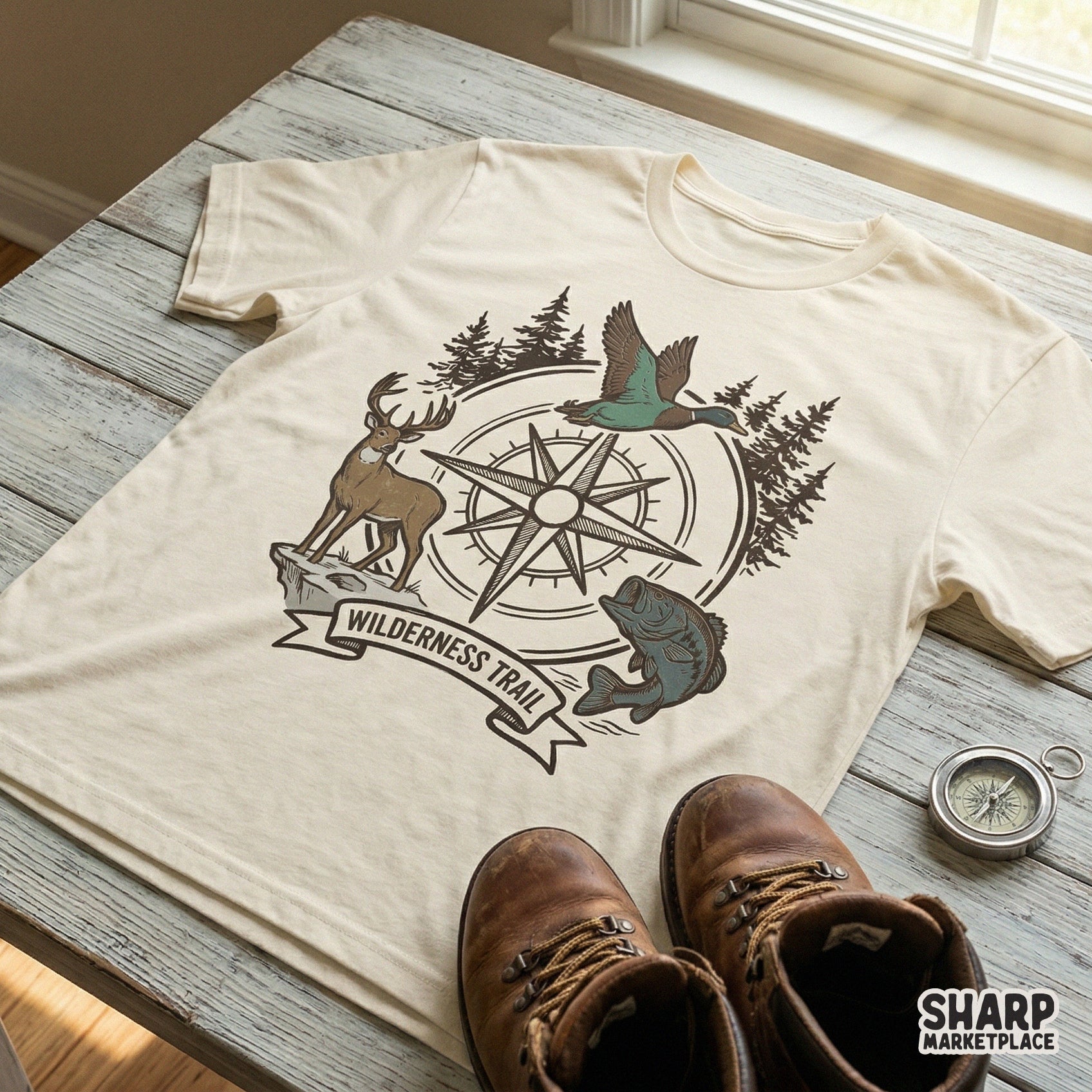 Detailed outdoor adventure illustration with a compass, pine trees, and wildlife, ideal for custom t-shirts, tumblers, and DIY hunting gifts.