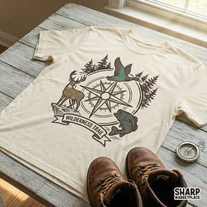 Detailed outdoor adventure illustration with a compass, pine trees, and wildlife, ideal for custom t-shirts, tumblers, and DIY hunting gifts.